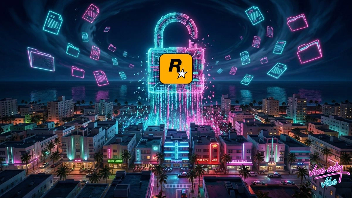 gta-6-leaks-confirmes-rockstar-2026.webp Dossier confidentiel ouvert avec des documents de leaks GTA 6 sur un bureau sombre éclairé en néon cyan et rose