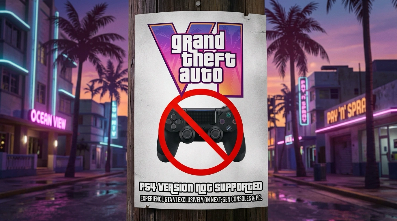 Logo_gta_6_ps4_barre_24930d515c Logo GTA 6 avec manette et console PS4 barrées d'une croix rouge confirmant l'abandon de la version PlayStation 4 GTA 6 PS4