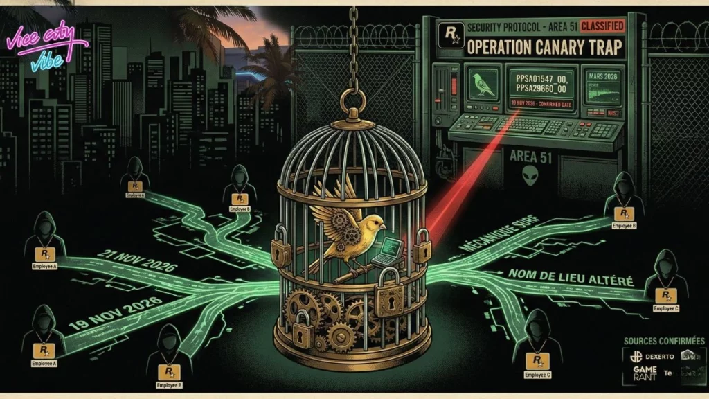 Illustration conceptuelle de l'opération « Canary Trap » de Rockstar Games : une cage avec un canari mécanique distribuant des informations divergentes (dates de sortie 19 et 21 novembre 2026) pour piéger les leakers de GTA 6, avec un panneau de contrôle de sécurité et des silhouettes d'employés sous surveillance.