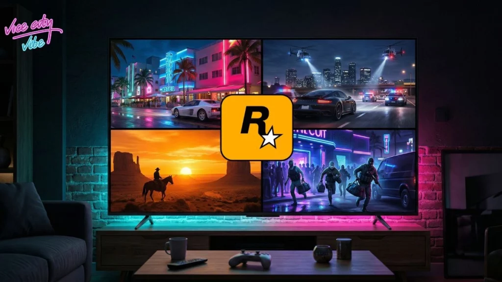 Écran TV affichant quatre scènes de jeux Rockstar à faire avant GTA 6 : Vice City, GTA V, RDR2 et GTA Online