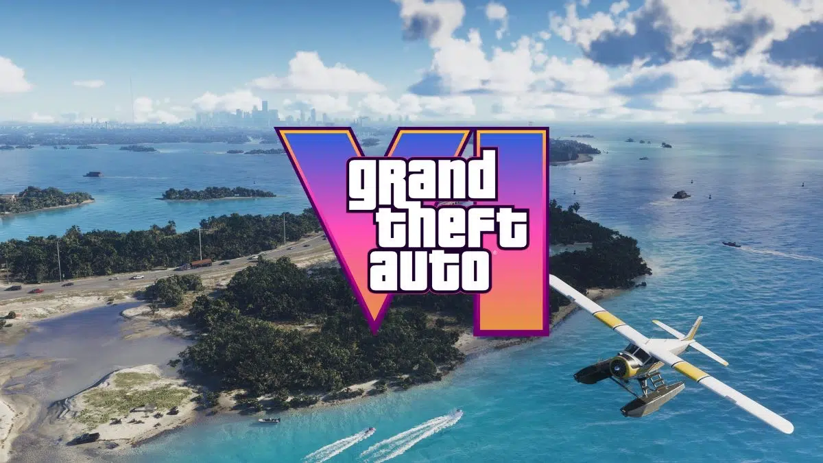 leonidagta6 ue aérienne de l'État de Leonida dans GTA VI avec logo central et hydravion jaune et blanc volant au-dessus de l'océan.