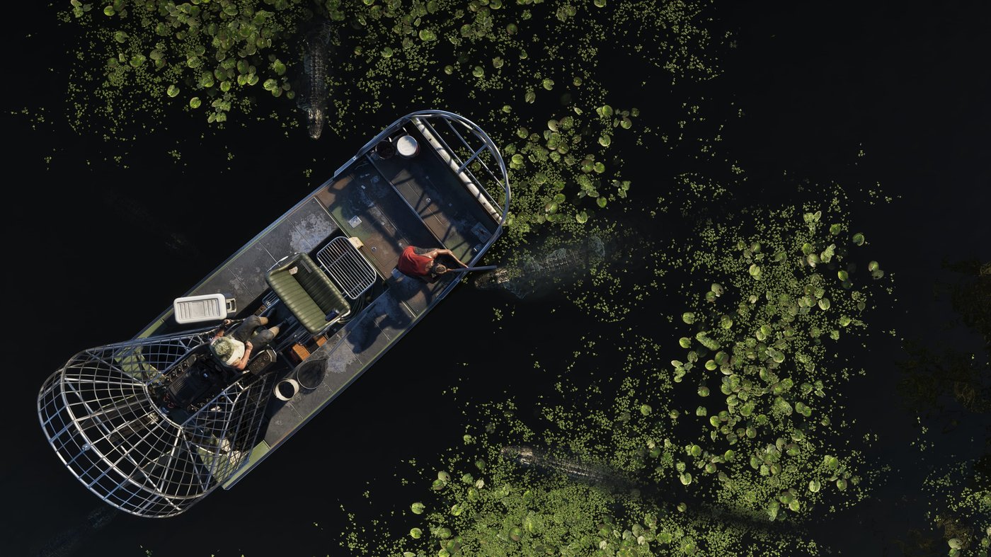 GTA 6 Grassrivers airboat vu du dessus dans les marais
