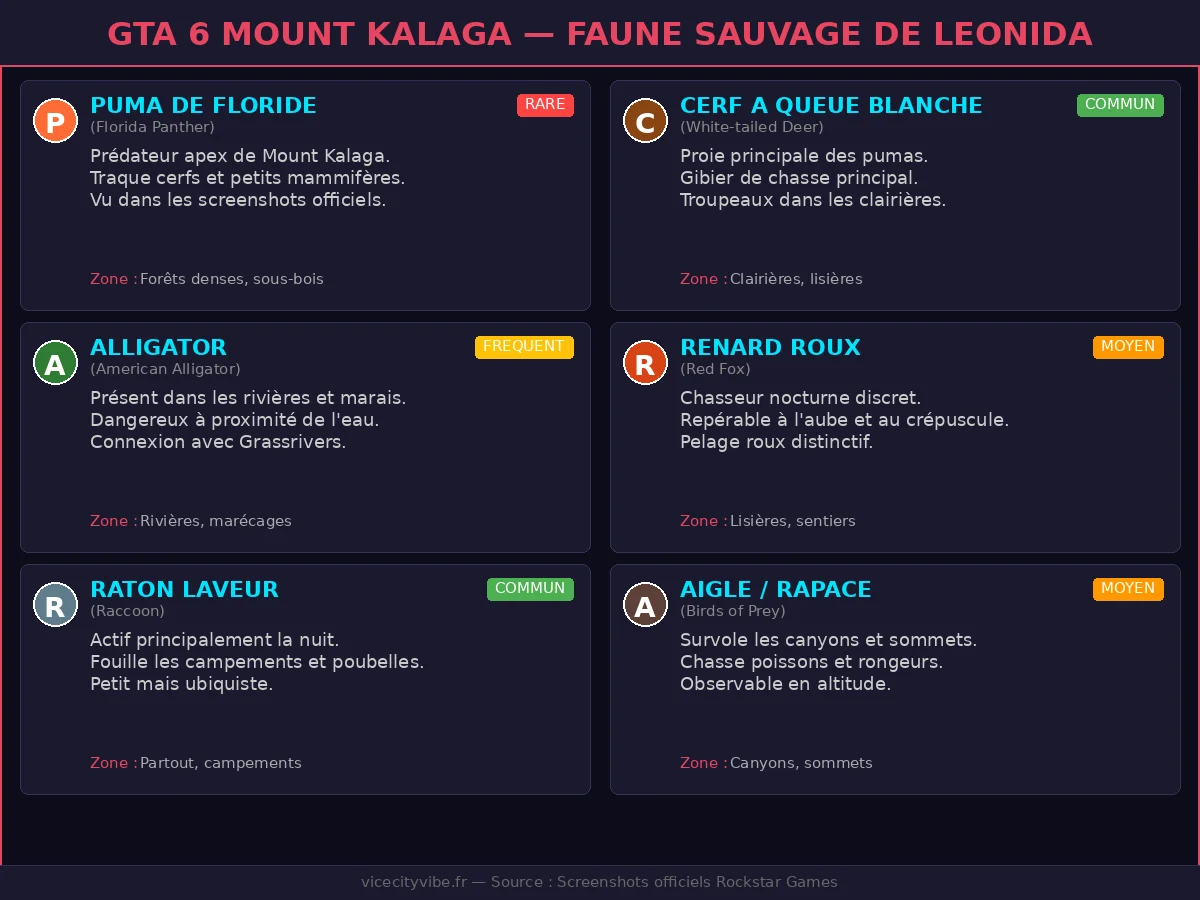 GTA 6 Mount Kalaga faune sauvage - puma cerf alligator renard raton laveur rapace Leonida