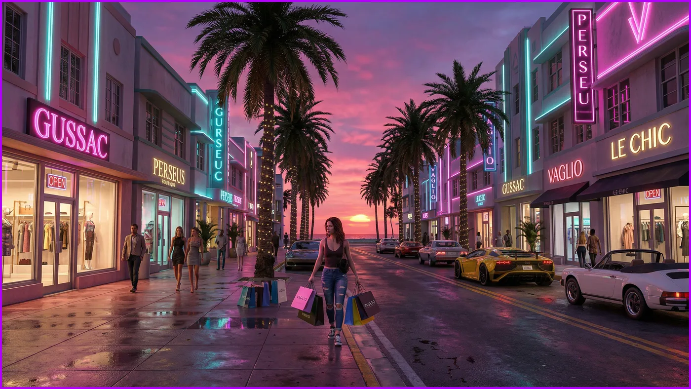 personnalisation GTA 6 boutiques luxe shopping street neon